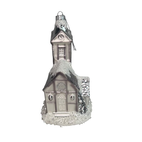 Silver Church Christmas Blown Glass Ornament With Glitter Snow Accents - Picture 1 of 8